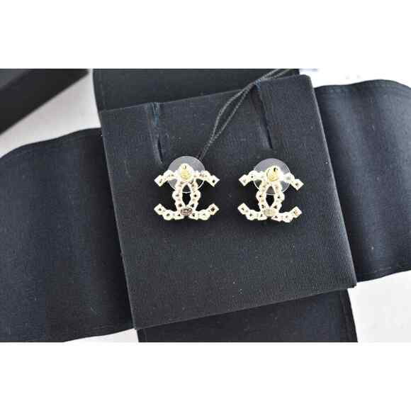 Chanel 22P Gold Black Crystal Pearl CC Logo Large Dangle Statement Stud Earrings - Picture 9 of 12